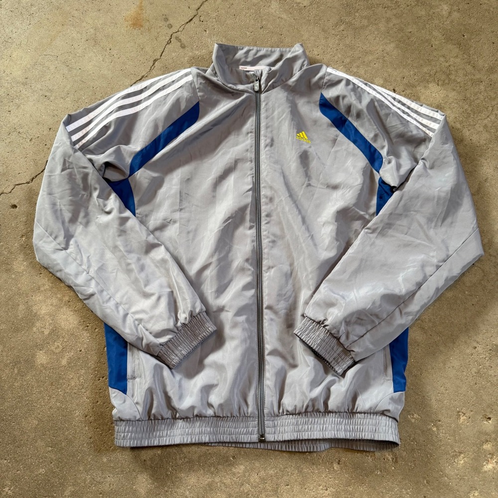 Adidas Track Jacket Mens Small Gray Blue Climalite Full Zip 3 Stripe RN 88387